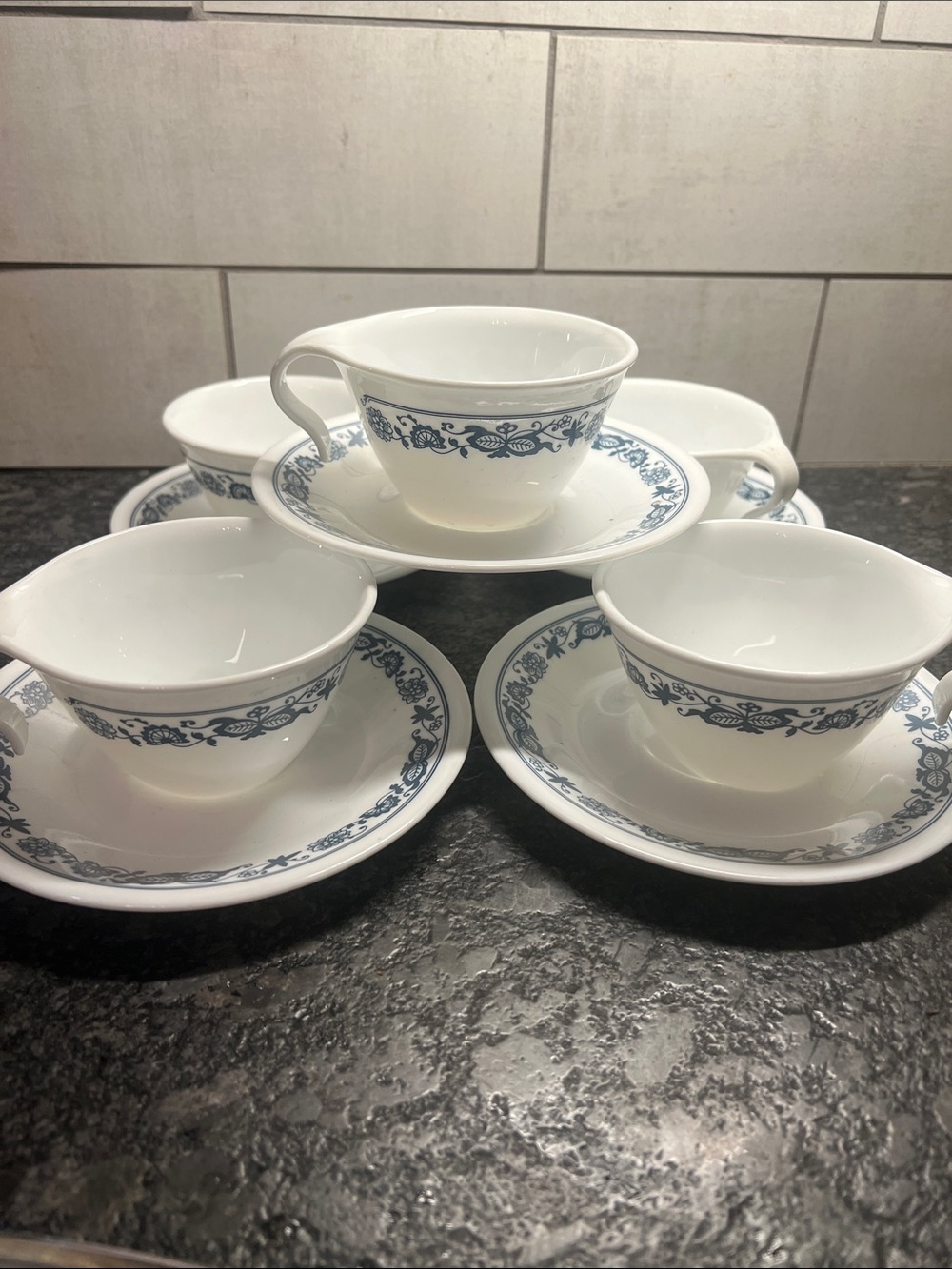 Set of 5 Corelle Cup & Saucer Set with hook handle Blue Onion or Old Towne Blue